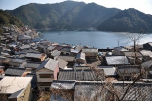 高台から見た須賀利町。海岸線に沿って家がひしめく（朝日新聞）